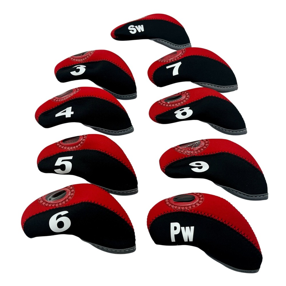 9pc Neoprene Golf Iron Headcovers Set Red Black Clear Window 3-9‎ PW SW Sports